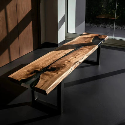 Modern handmade walnut and black resin epoxy bench with sturdy metal base. Unique USA-crafted dining bench for stylish interior decor.