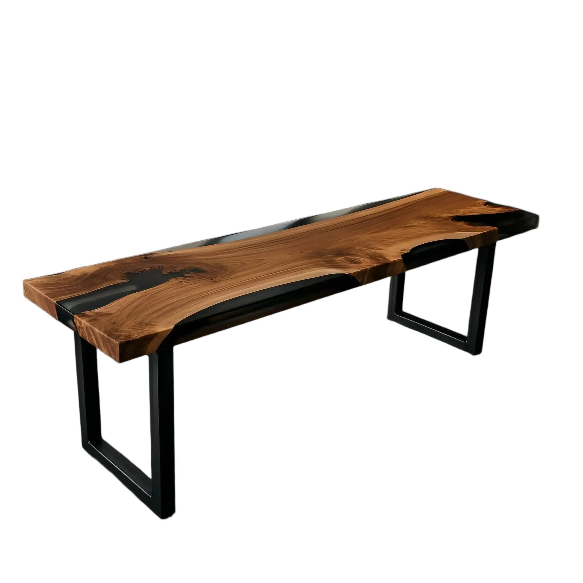 Handmade walnut wood bench with black epoxy resin river and metal legs, modern design by Resin Society