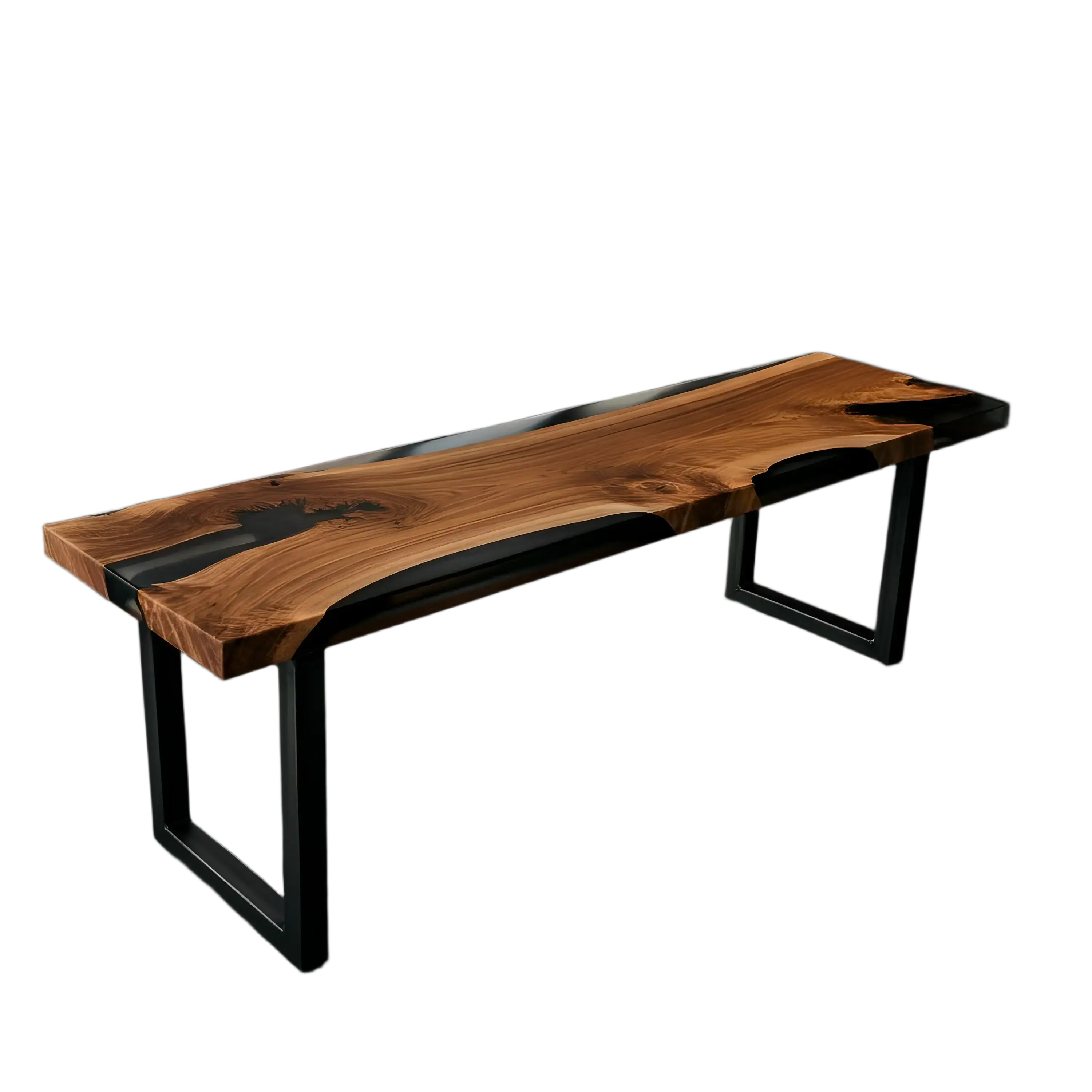 Custom epoxy bench with walnut wood and black resin, handmade in the USA. Modern dining bench with metal legs for kitchen or dining spaces.