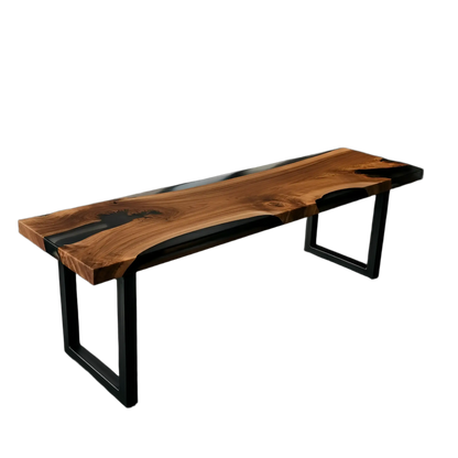 Custom epoxy bench with walnut wood and black resin, handmade in the USA. Modern dining bench with metal legs for kitchen or dining spaces.