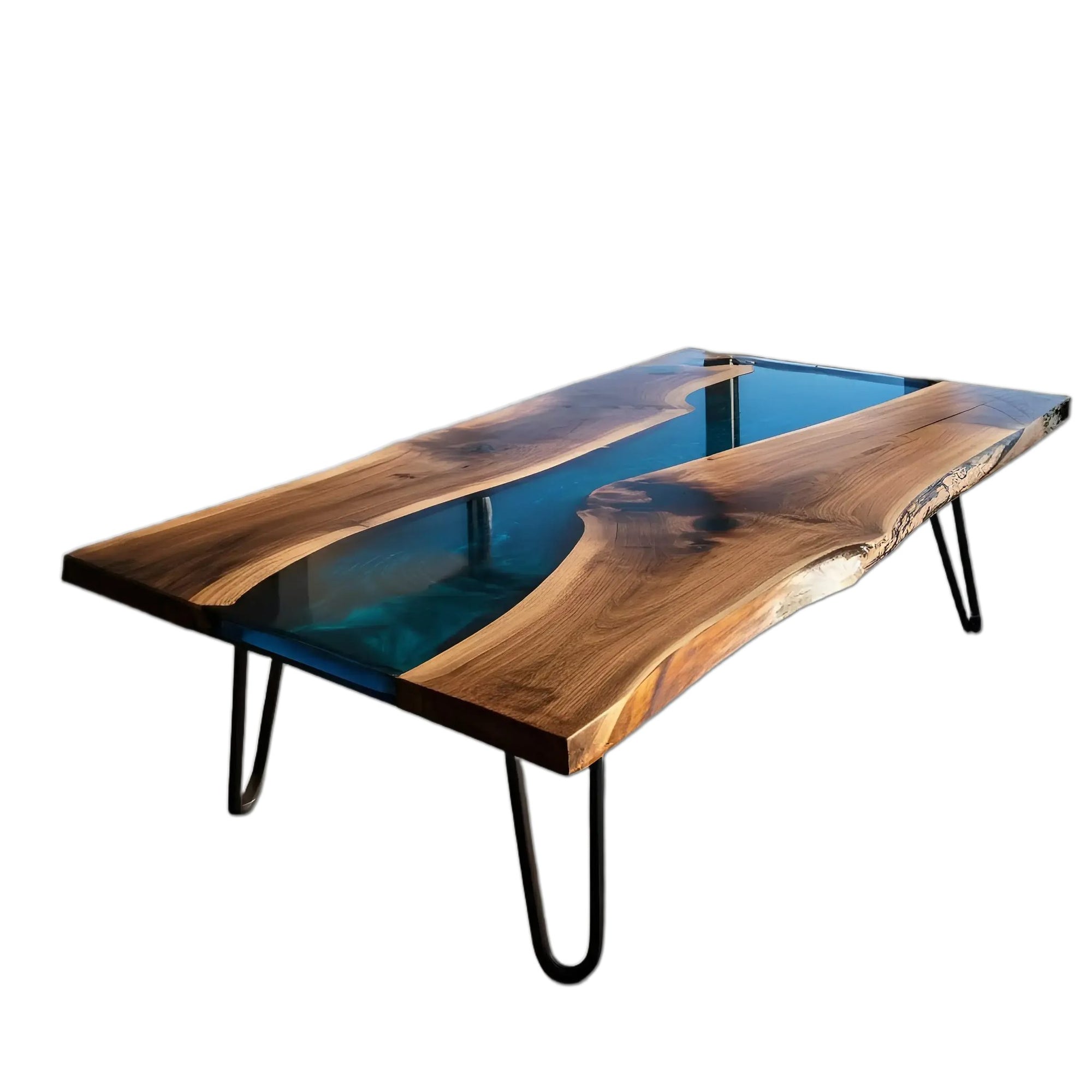 Custom epoxy coffee table with live edge walnut and deep blue resin river design, handmade in the USA.
Modern hairpin legs add industrial flair.