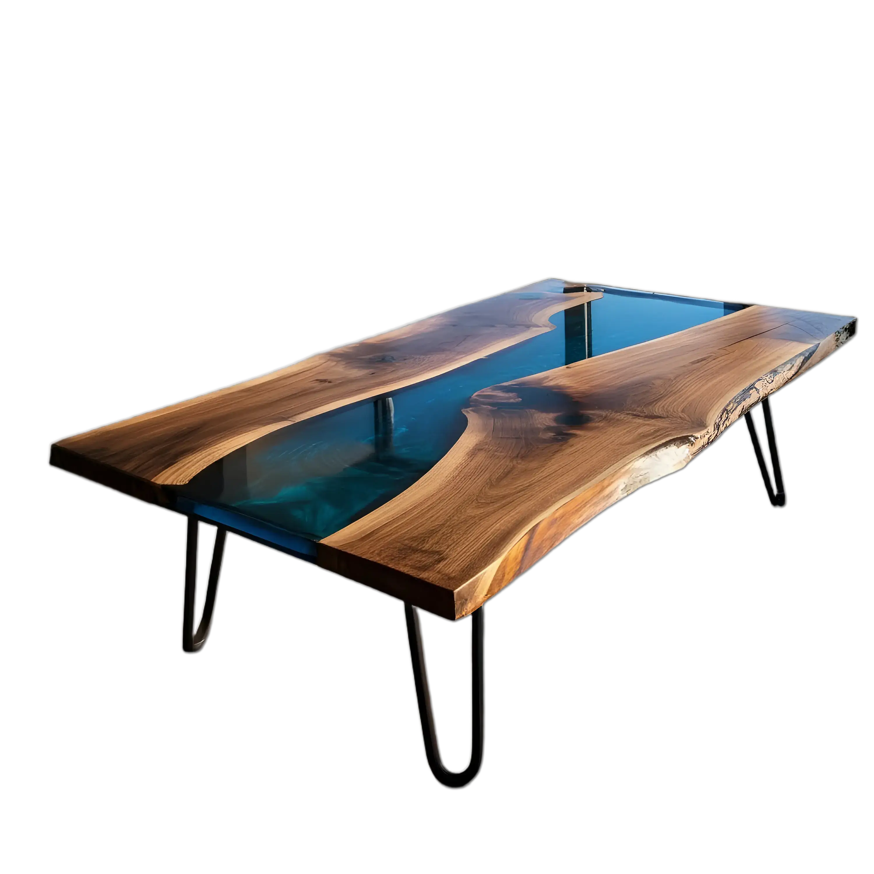 Custom epoxy coffee table with live edge walnut and deep blue resin river design, handmade in the USA. Modern hairpin legs add industrial flair.