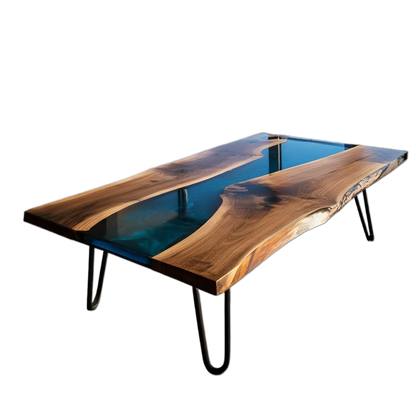 Custom epoxy coffee table with live edge walnut and deep blue resin river design, handmade in the USA. Modern hairpin legs add industrial flair.