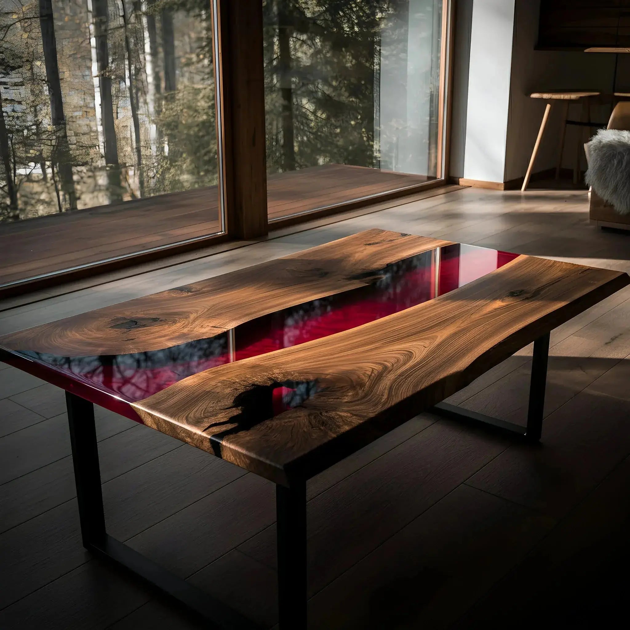 Walnut and red resin epoxy coffee table placed in a sunlit room, artisan-crafted in the USA. Unique handmade furniture supporting wildlife conservation.