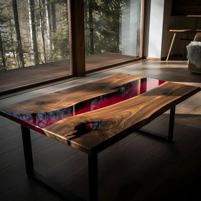 Handmade walnut and red epoxy resin coffee table with black metal legs, shown in a modern living room setting.
