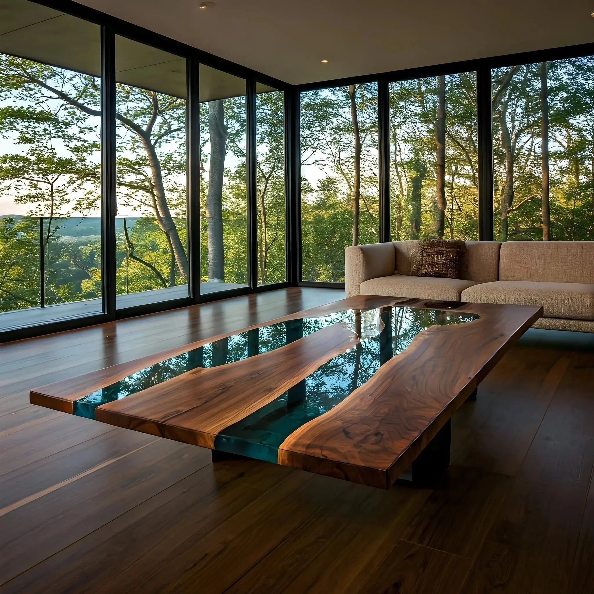Handmade walnut and deep blue resin epoxy coffee table in a glass-walled living room. Custom USA-made furniture supporting marine conservation.