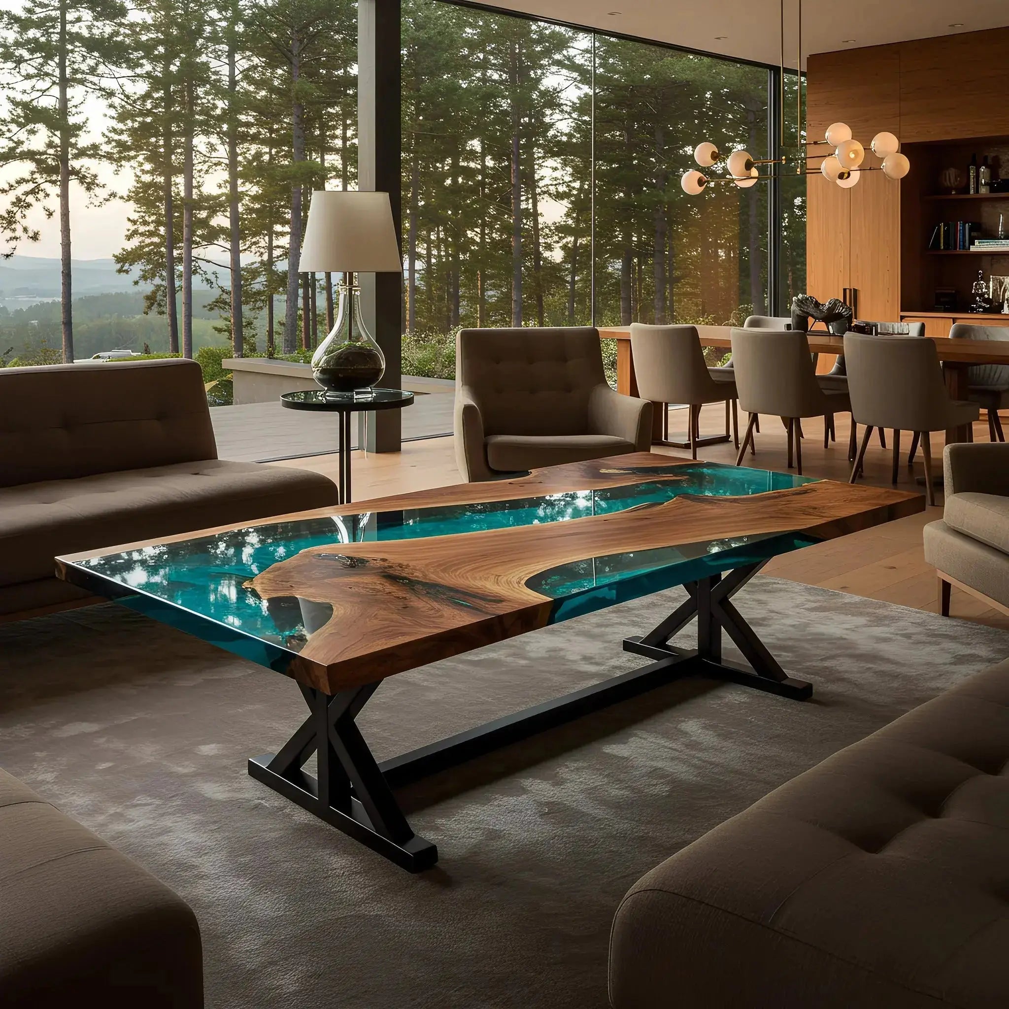 Walnut and deep blue resin epoxy coffee table with X-frame base in a modern forest-view living room. Custom handmade USA furniture piece.