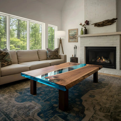 Custom epoxy coffee table with deep blue resin river and walnut slab top in a cozy fireplace living room. Handmade in the USA.