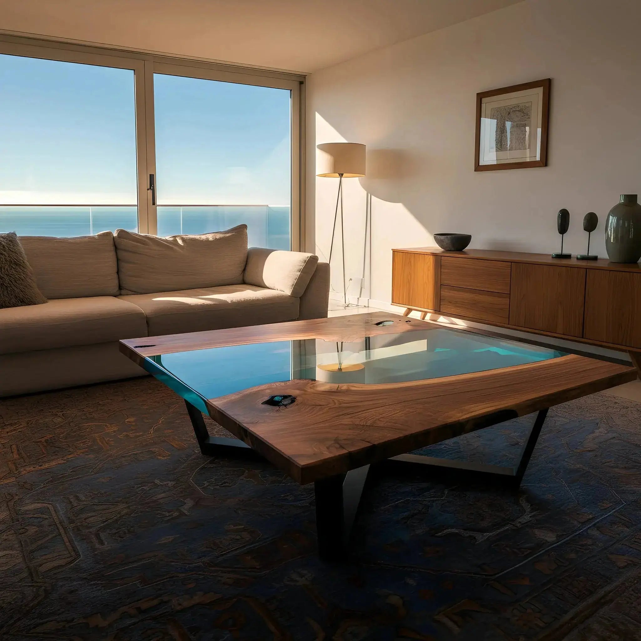 Modern handmade epoxy coffee table with walnut and deep blue resin in a minimalist ocean-view room. Custom USA-crafted accent furniture.