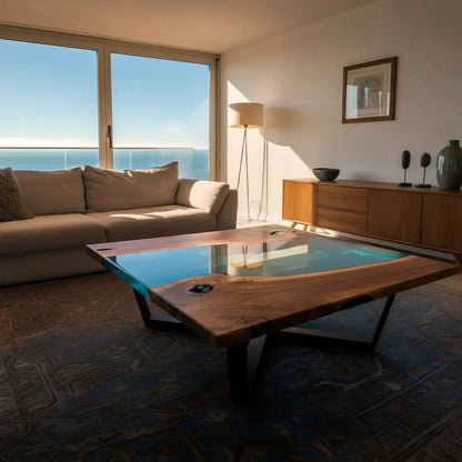 Modern handmade epoxy coffee table with walnut and deep blue resin in a minimalist ocean-view room. Custom USA-crafted accent furniture.