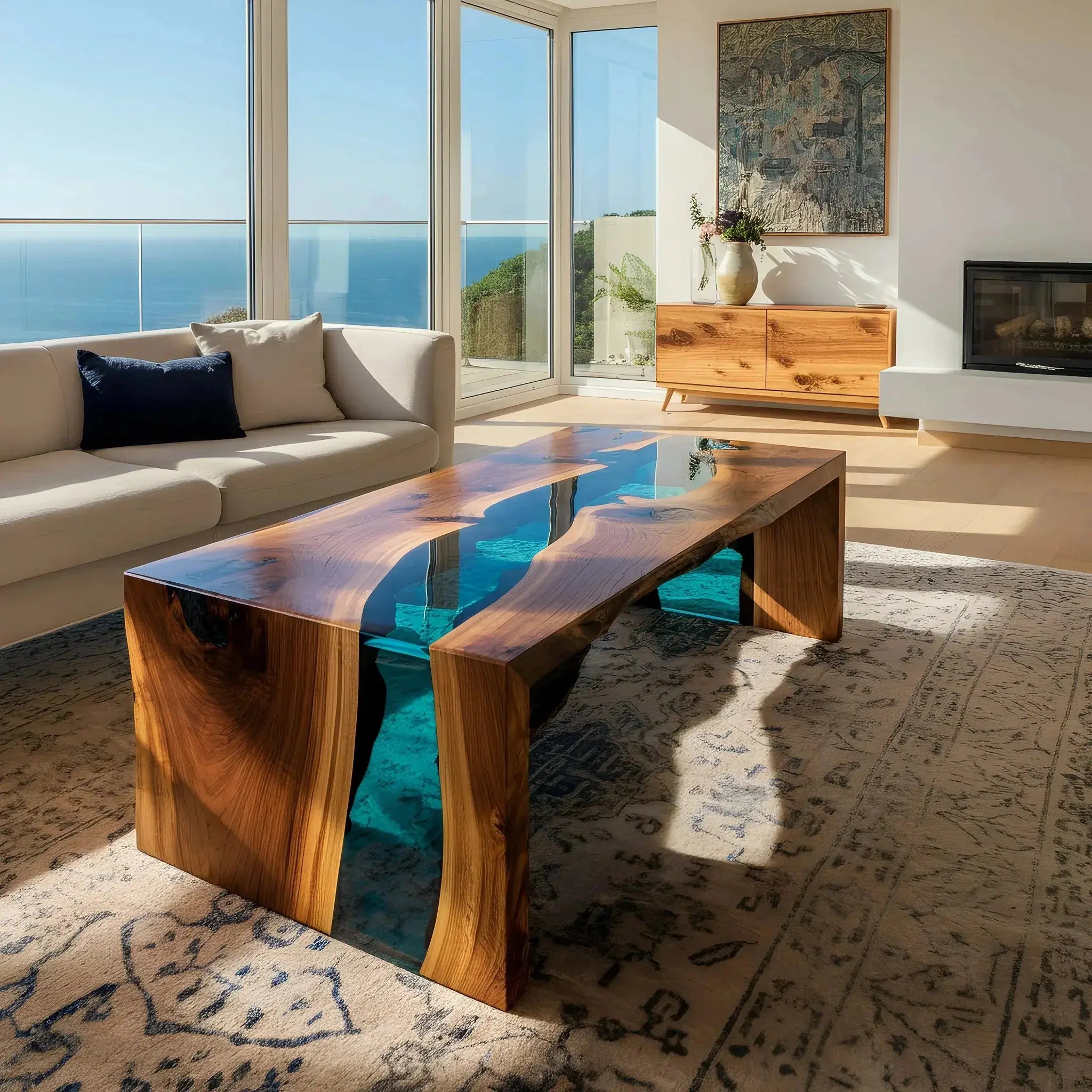 Custom epoxy coffee table with ocean-inspired blue resin and walnut wood, placed in a coastal living room. Handmade USA craftsmanship.