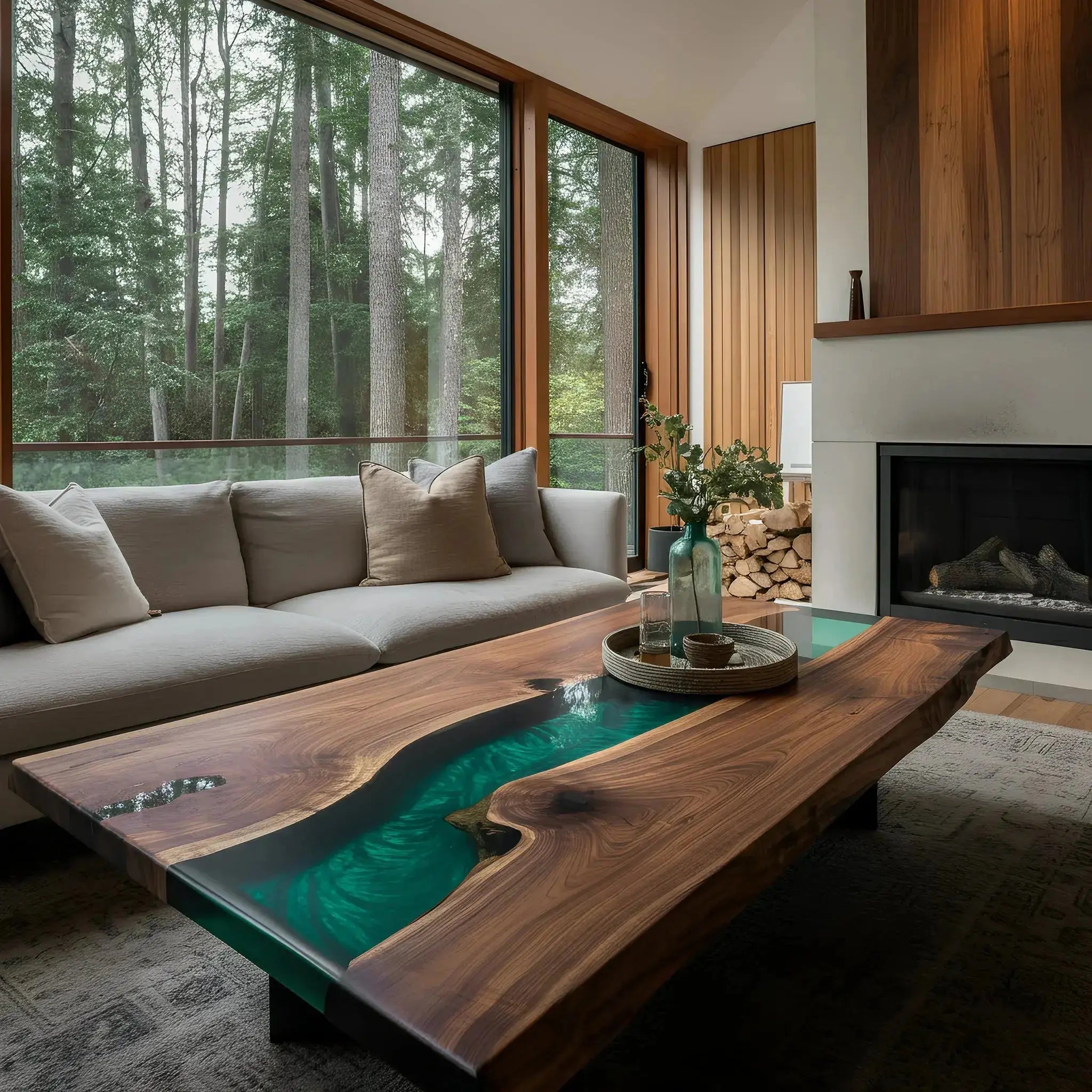 Sunlit Forest Coffee Table with green resin and walnut slab in cozy living room. Handmade epoxy coffee table supports reforestation efforts.