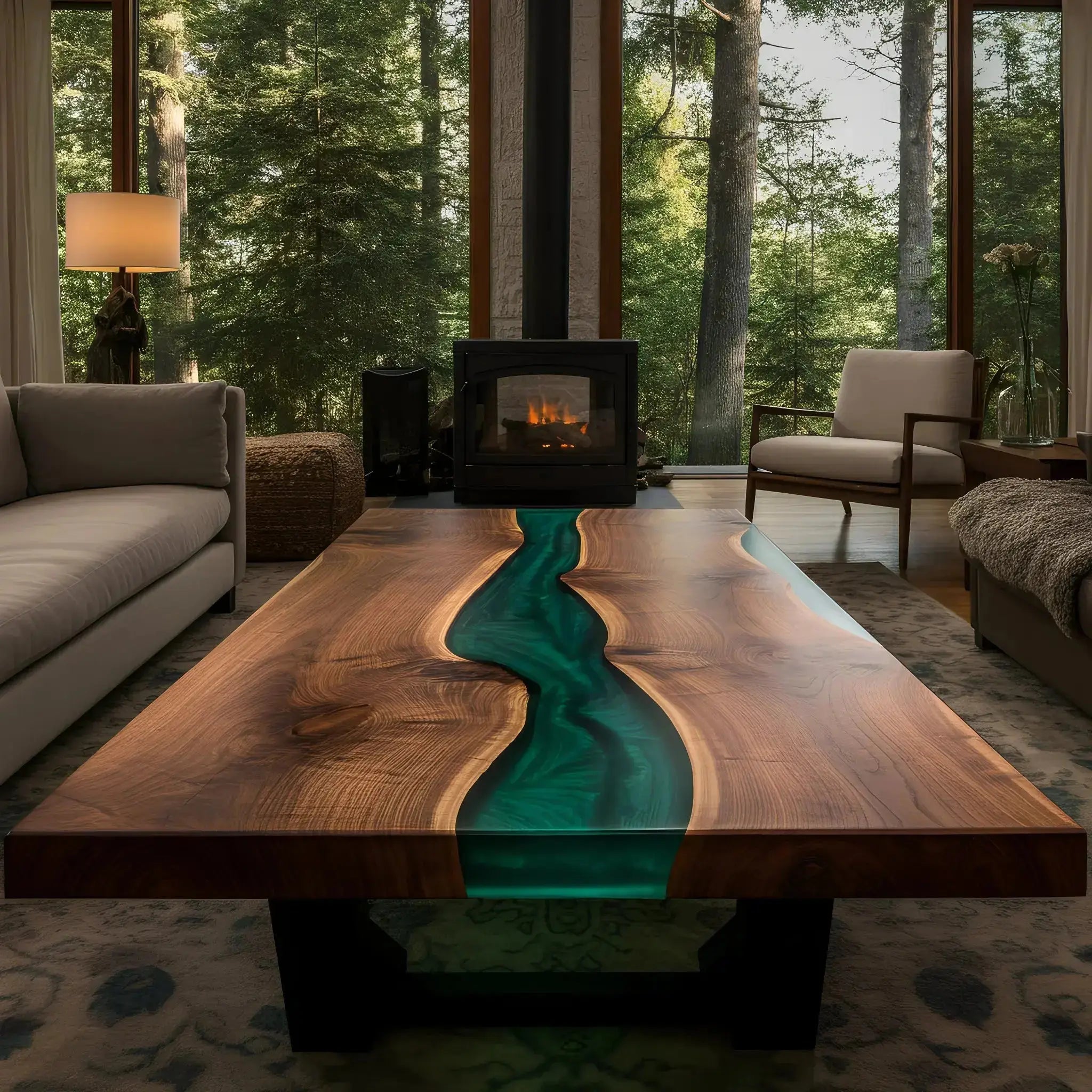 Handmade walnut and green resin epoxy coffee table in forest-view living room. Custom USA-made furniture piece with natural wood grain.