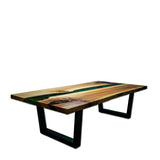 Handmade epoxy coffee table with walnut wood and green resin river design, modern living room centerpiece