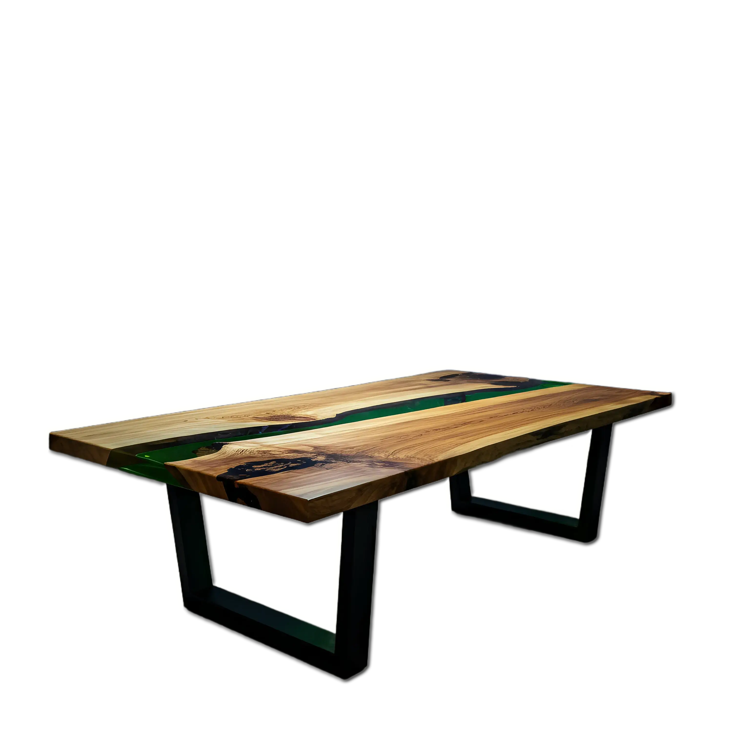 Custom epoxy coffee table with walnut wood and green resin river design, handmade in the USA. Modern accent table for living room décor.