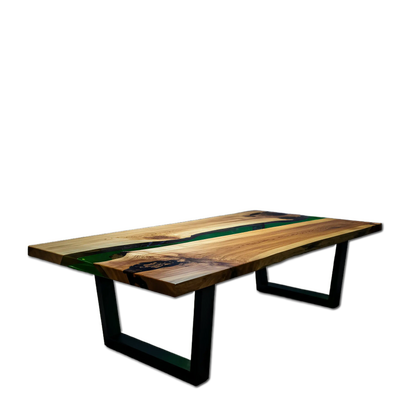 Custom epoxy coffee table with walnut wood and green resin river design, handmade in the USA. Modern accent table for living room décor.