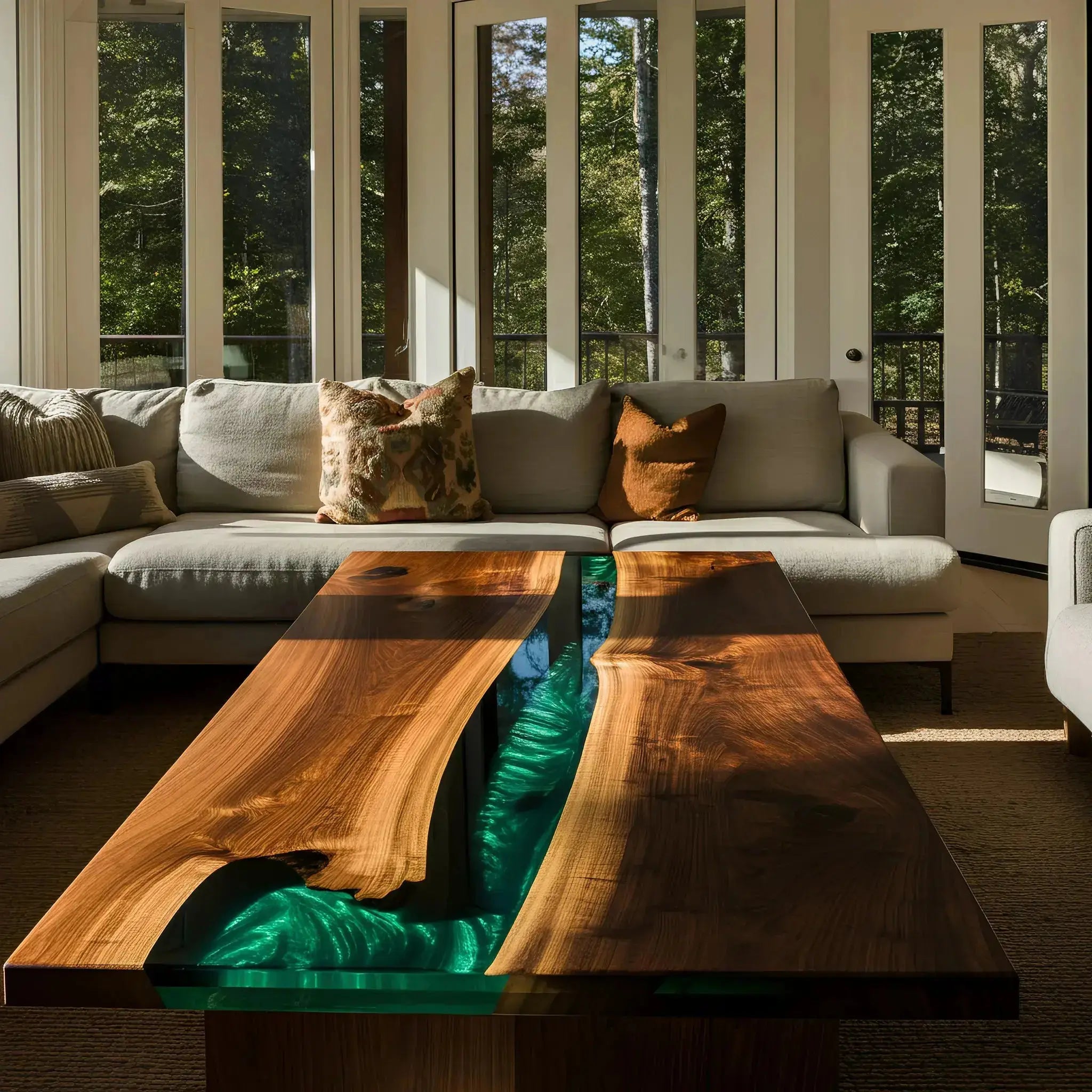Custom epoxy coffee table featuring green resin river and live edge walnut wood. Stylish centerpiece in sunlit living room setting.