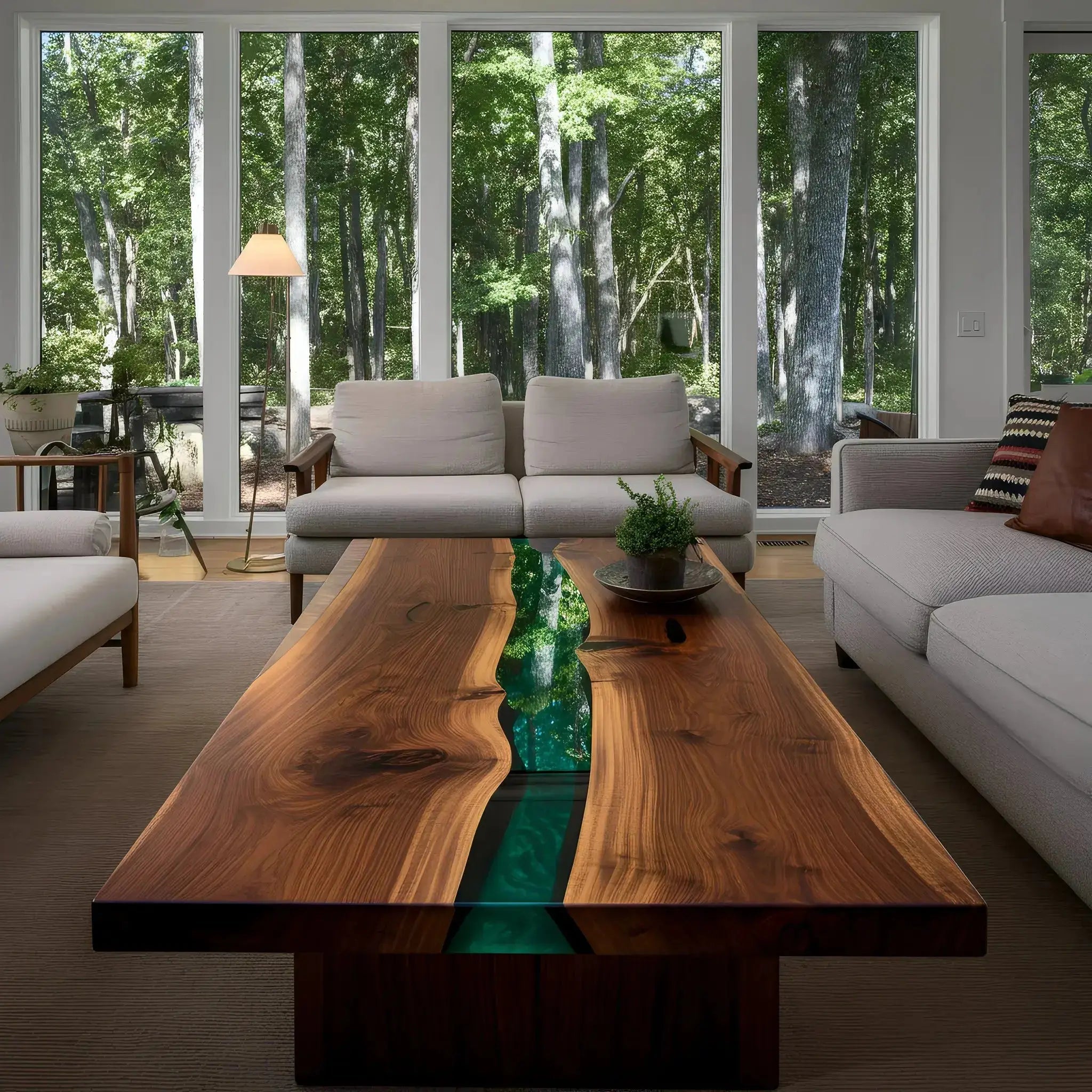 Green resin and walnut epoxy coffee table in modern living room. Handmade USA accent furniture with nature-inspired design.