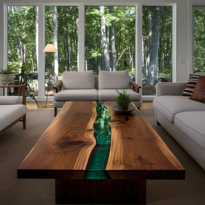 Green resin and walnut epoxy coffee table in modern living room. Handmade USA accent furniture with nature-inspired design.