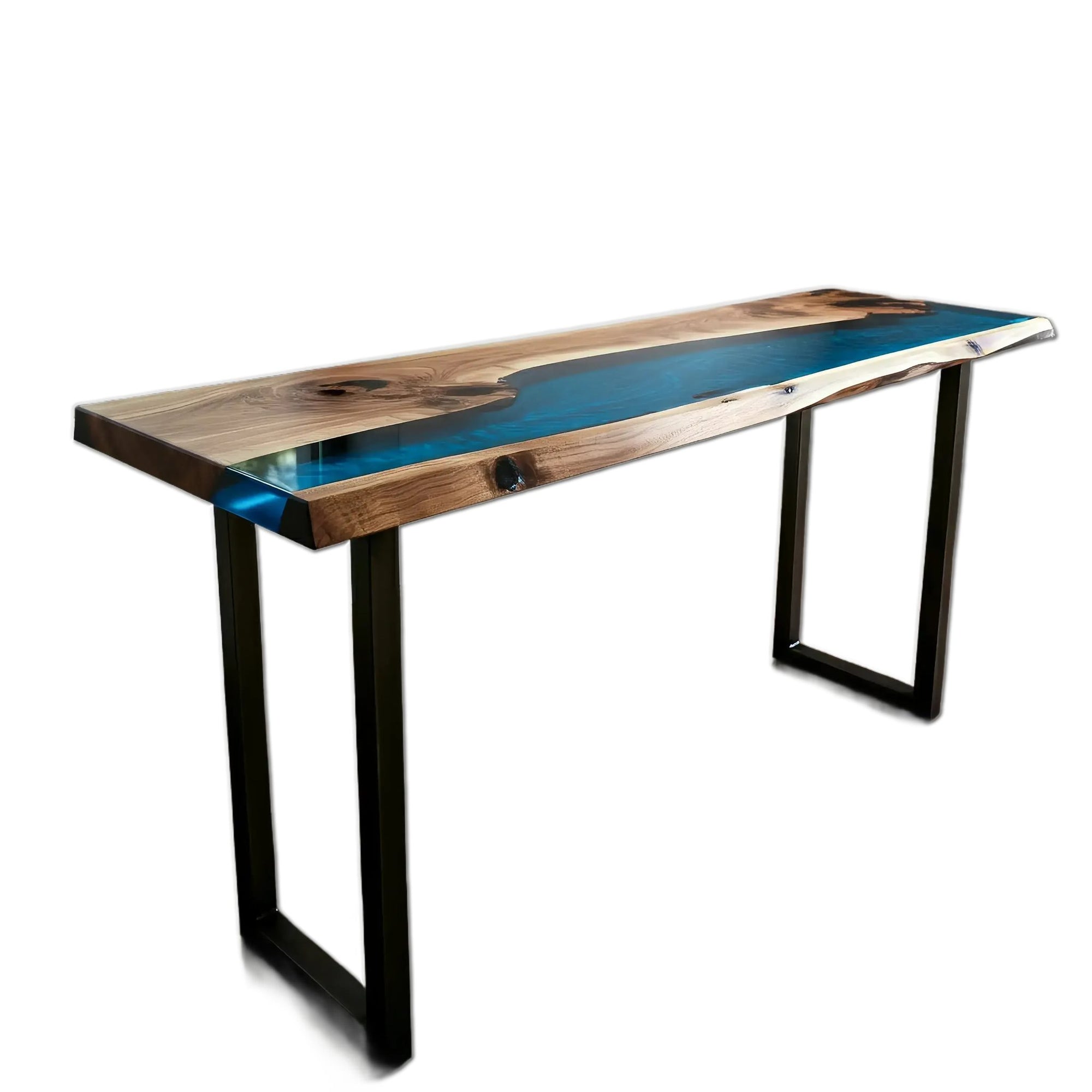 Handmade Blue Odyssey Console Table with walnut wood and blue epoxy resin, featuring black metal legs, perfect for entryways or living rooms.