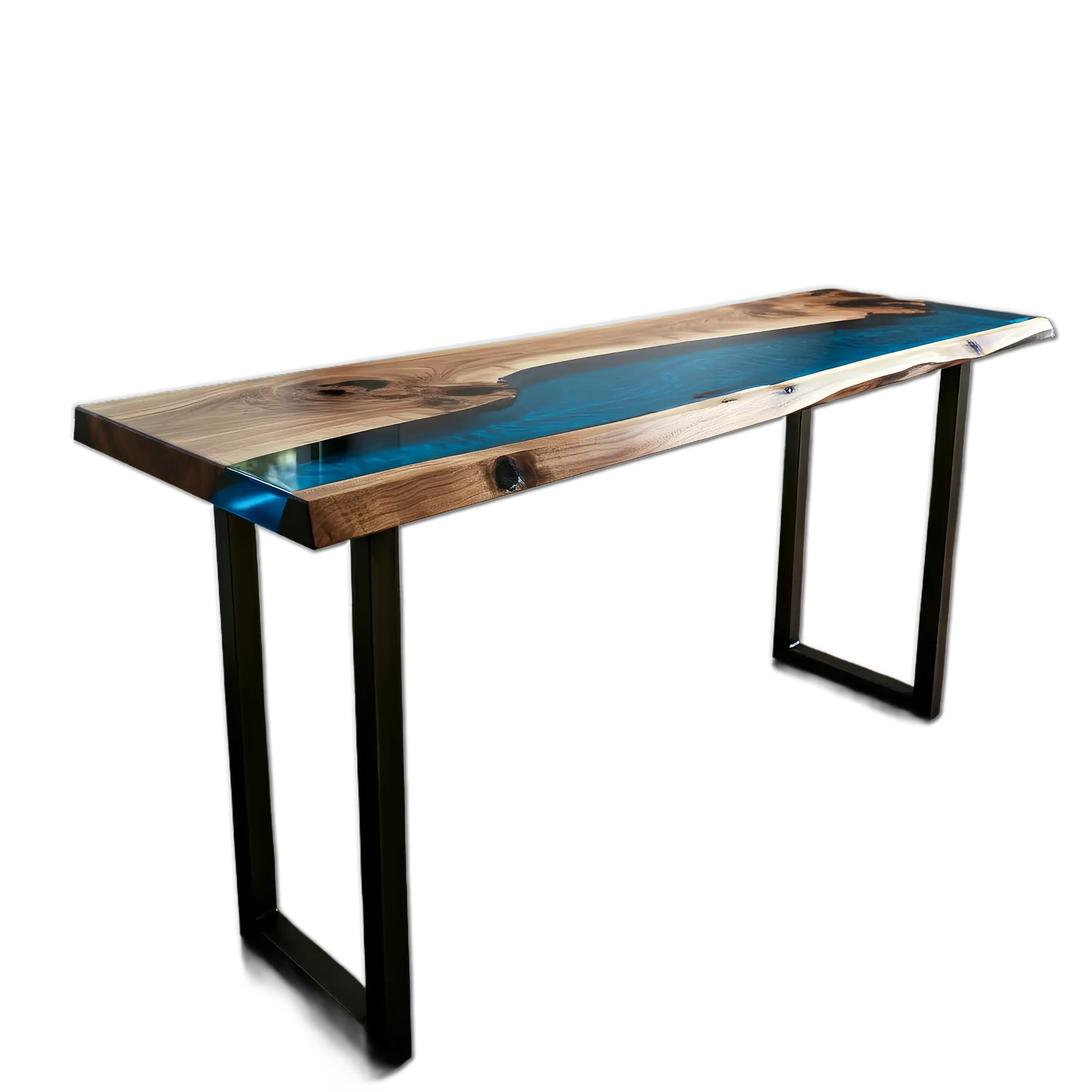 Epoxy river console table with walnut wood and vibrant blue resin, featuring modern black metal legs. Handmade in the USA for coastal-style interiors.