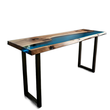 Epoxy river console table with walnut wood and vibrant blue resin, featuring modern black metal legs. Handmade in the USA for coastal-style interiors.