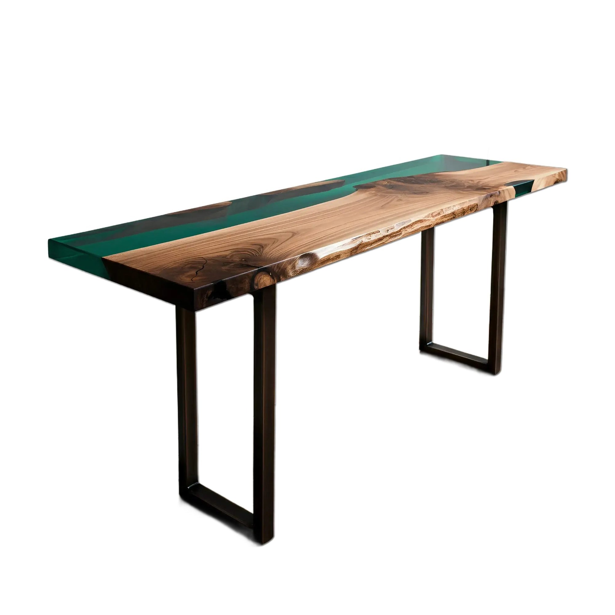 Sunlit Forest Console Table with walnut wood and green epoxy resin, handmade in the USA, shown in modern entryway setting.