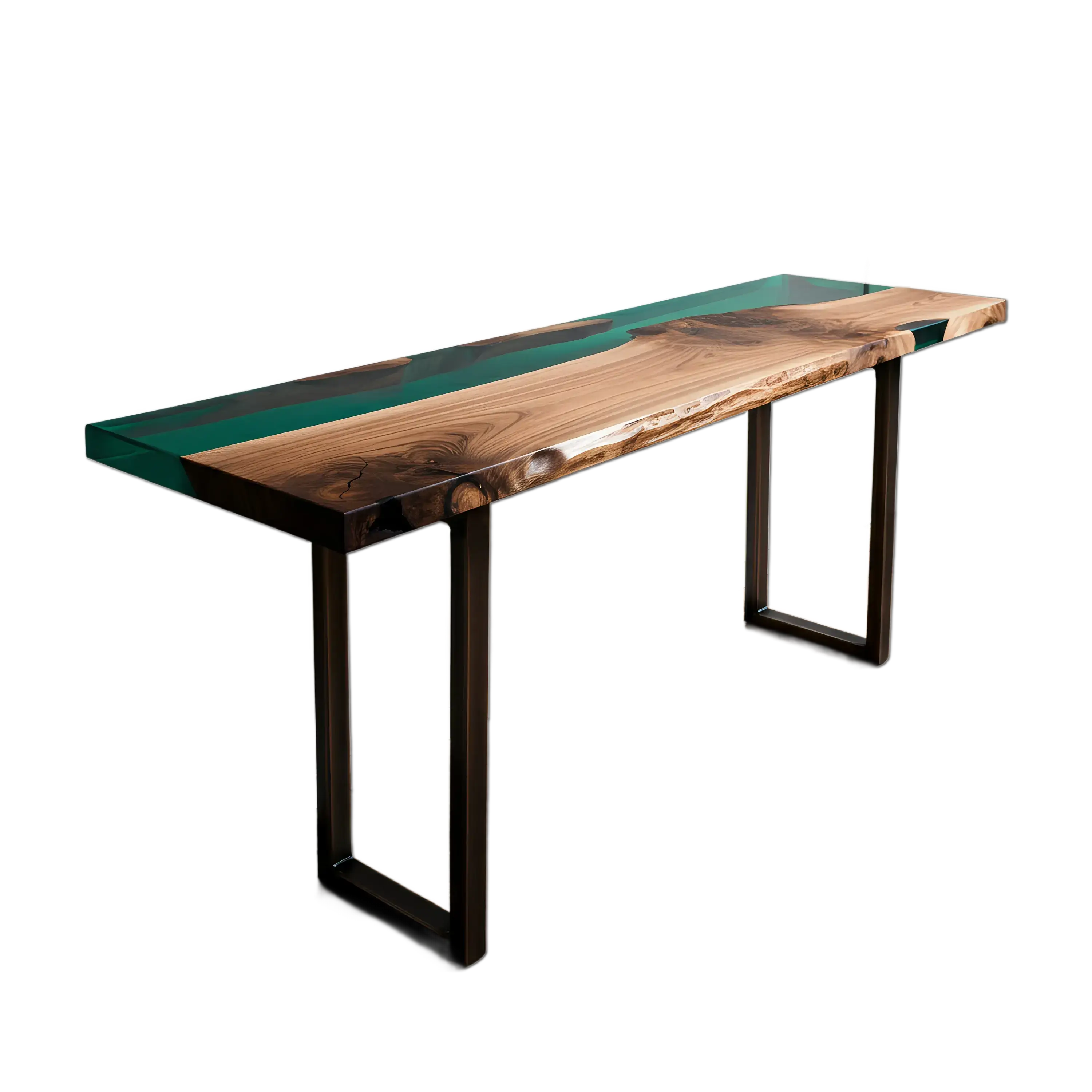 Epoxy river console table with walnut wood and green resin, handmade in the USA. Sleek modern design ideal for entryways or dining spaces.