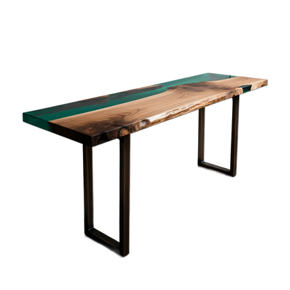 Epoxy river console table with walnut wood and green resin, handmade in the USA. Sleek modern design ideal for entryways or dining spaces.