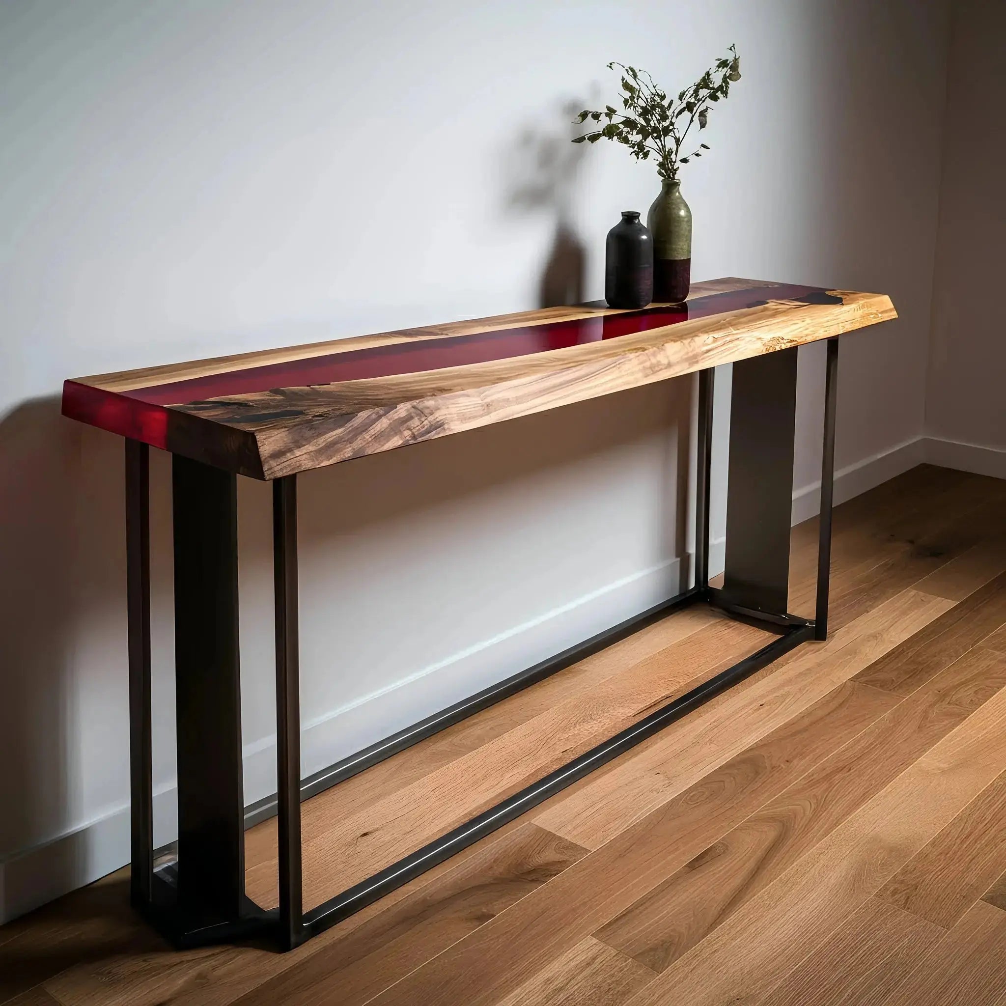 Custom handmade walnut and red resin epoxy river console table with sleek black legs, ideal for entryways or living rooms. Supports bird habitat causes.