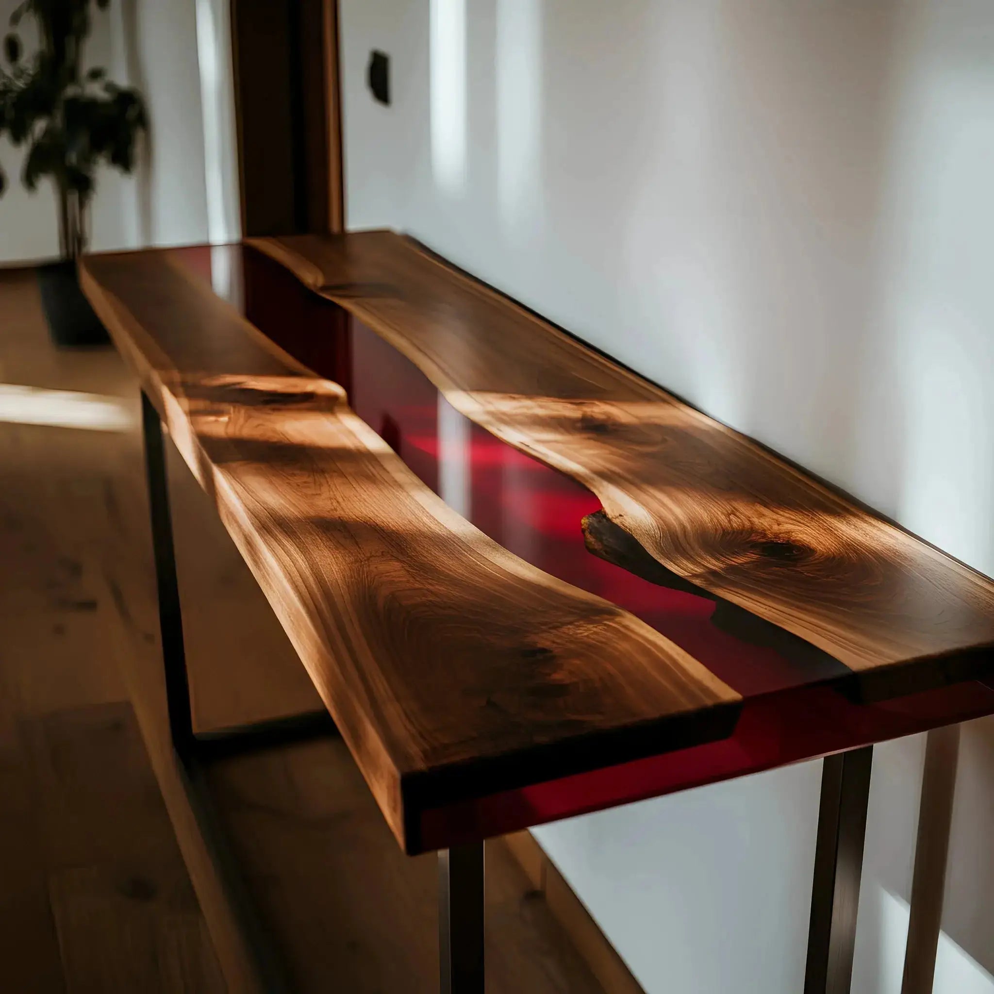 Walnut and crimson resin epoxy river console table with natural wood grain and modern design. Perfect for contemporary home decor and hallways.