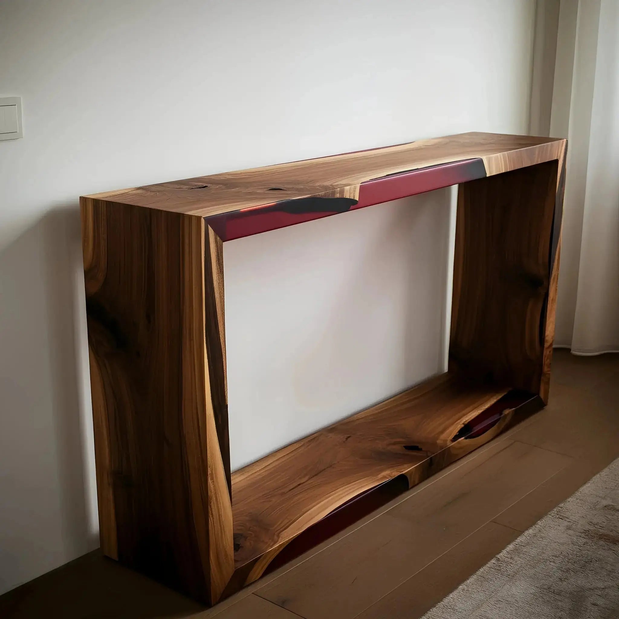 Solid walnut epoxy river console table with red resin inlay and full wood sides. A bold handmade furniture piece crafted in the USA.