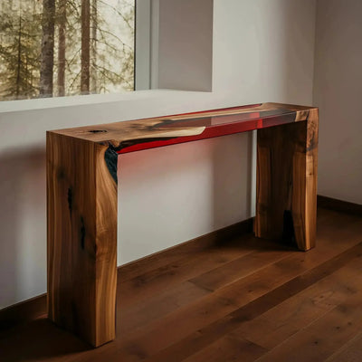 Handmade Northern Cardinal Console Table with walnut wood and red epoxy resin top, supported by black metal legs, ideal for stylish entryways and hallways.