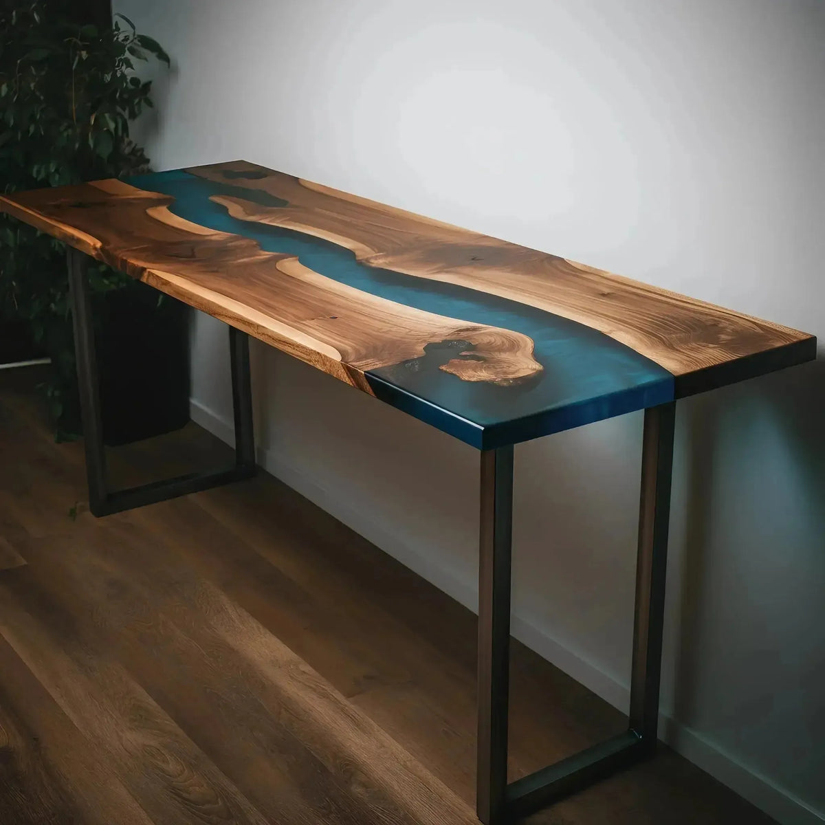 Handmade Blue Odyssey Console Table with walnut wood and blue epoxy resin, featuring black metal legs, perfect for entryways or living rooms.