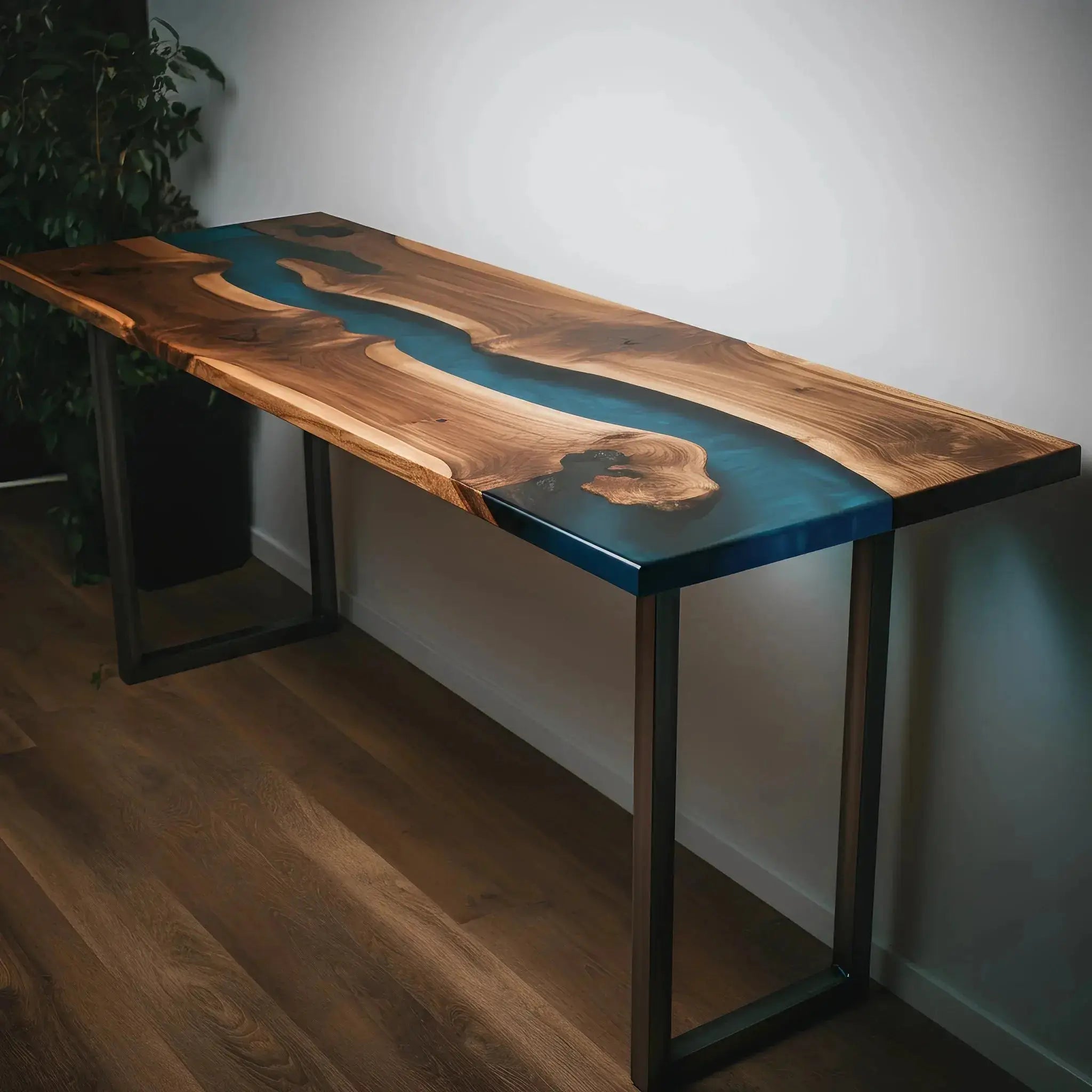 Custom handmade epoxy river console table with flowing blue resin and walnut wood grain, ideal for entryways or dining room decor.