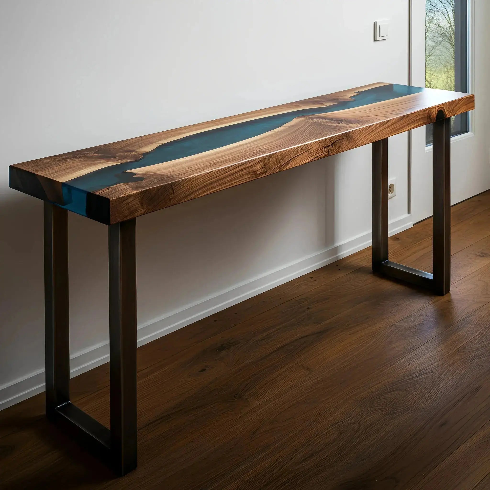 Sleek walnut and blue resin epoxy river console table with minimalist black metal legs. Perfect for contemporary kitchen or hallway spaces.