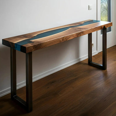 Handmade Blue Odyssey Console Table with walnut wood and blue epoxy resin, featuring black metal legs, perfect for entryways or living rooms.