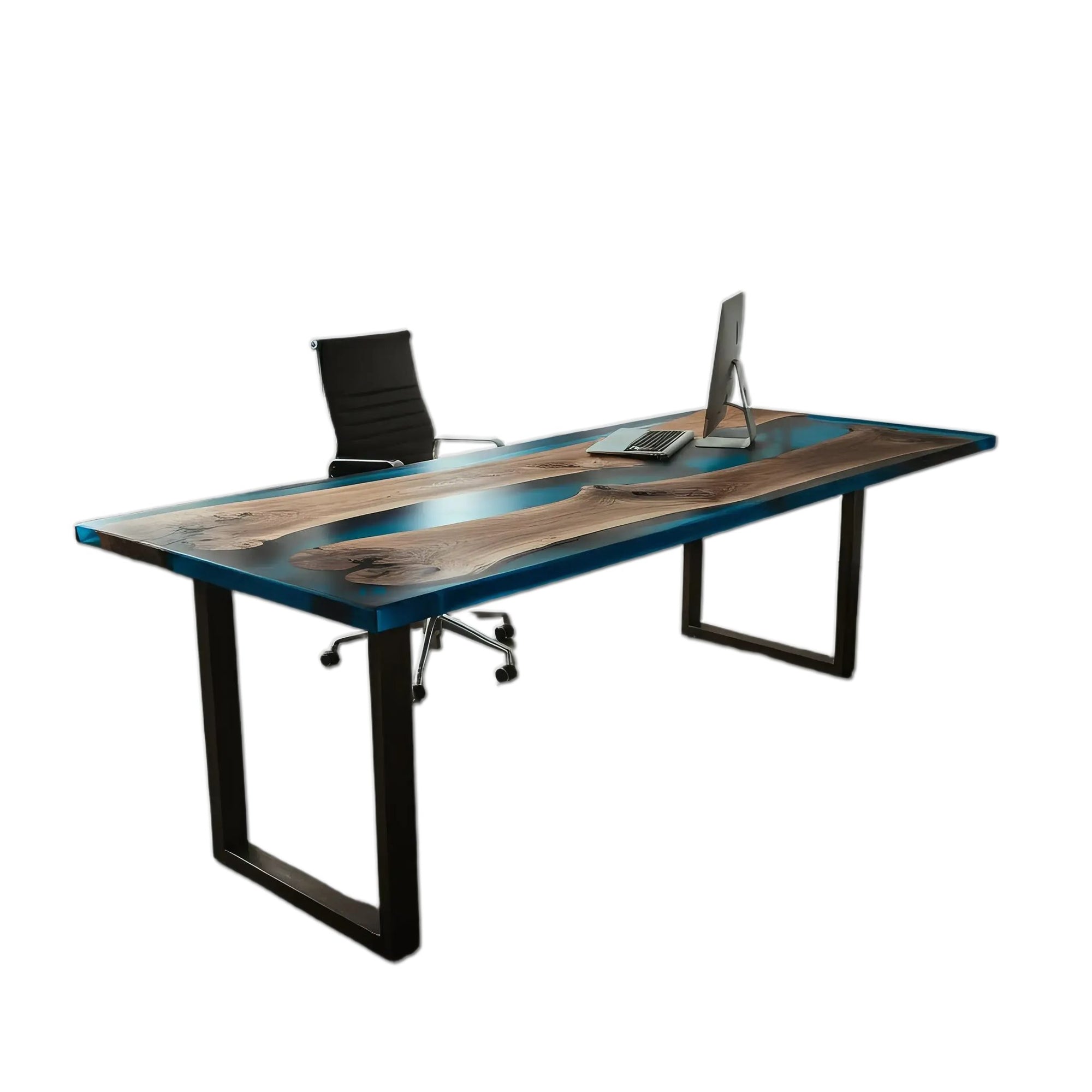 Handmade epoxy river office desk with walnut wood and blue resin, featuring metal legs and a sleek finish in a modern home office.