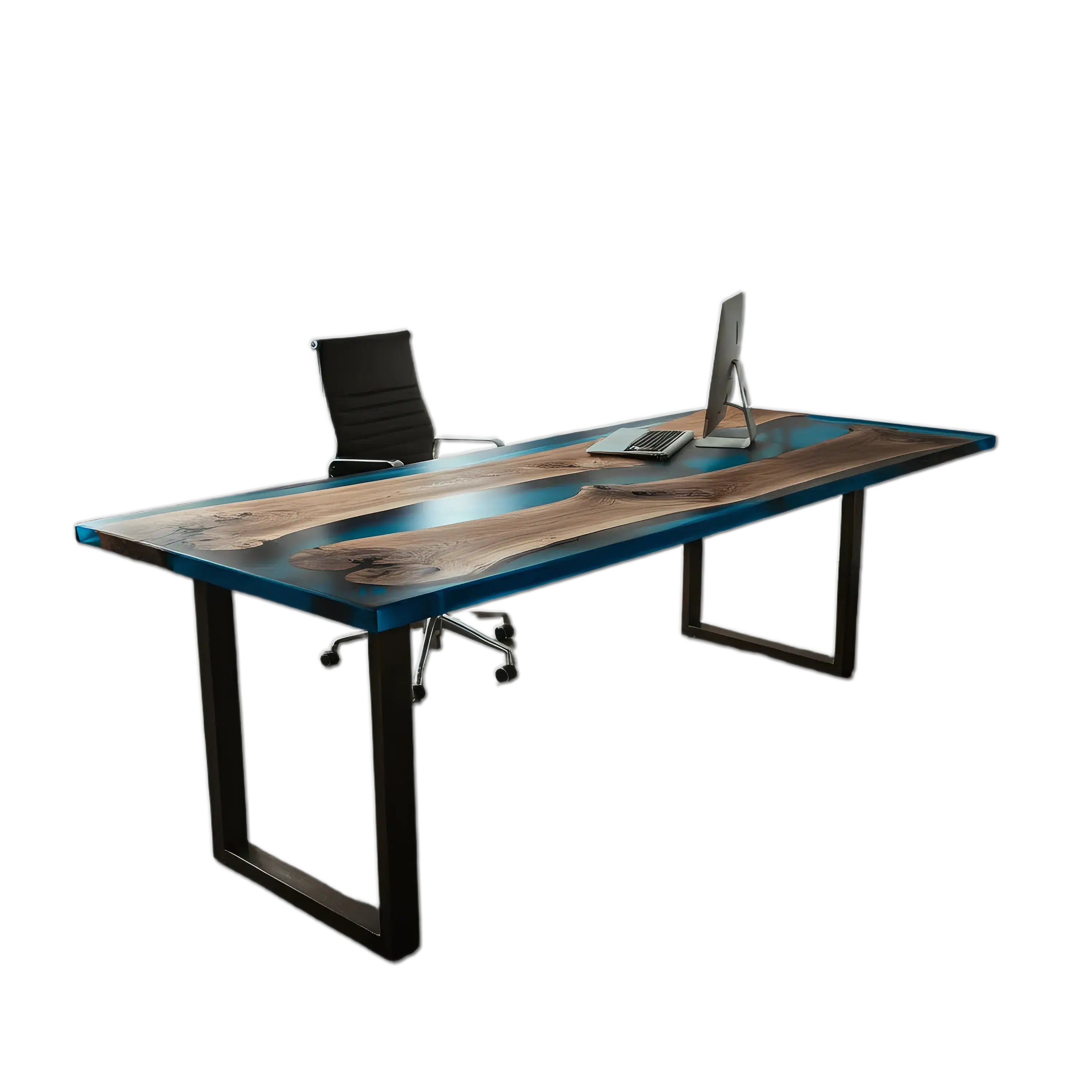 Epoxy river office desk with walnut wood and blue resin, custom handmade in the USA. Modern executive desk with metal legs and sleek finish.