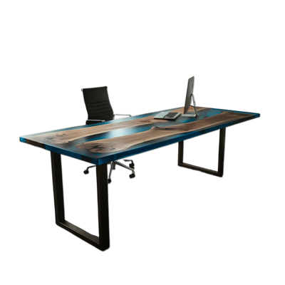 Handmade epoxy river office desk with walnut wood and blue resin, featuring metal legs and a sleek finish in a modern home office.