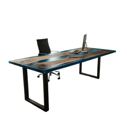 Epoxy river office desk with walnut wood and blue resin, custom handmade in the USA. Modern executive desk with metal legs and sleek finish.