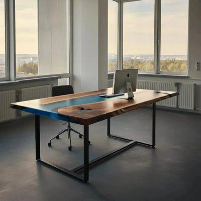 Handmade epoxy river office desk with walnut wood and blue resin, featuring metal legs and a sleek finish in a modern home office.