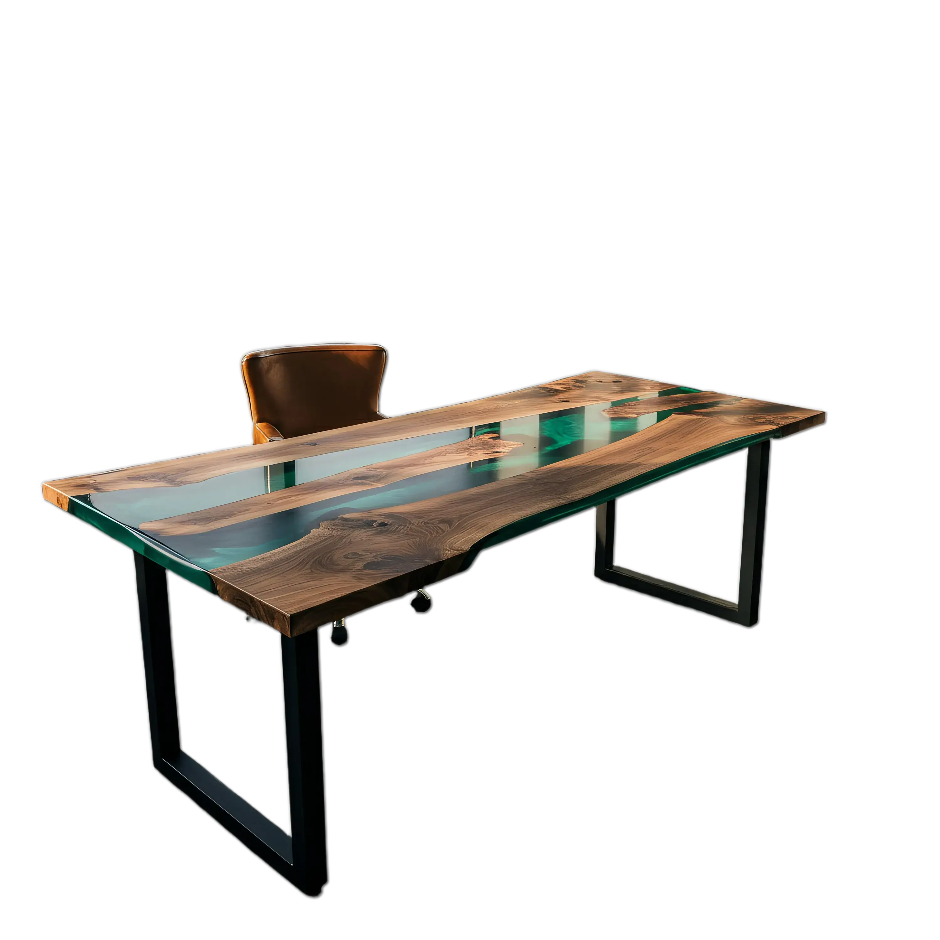 Epoxy river office desk with walnut wood and green resin, custom handmade in the USA. Modern design with black metal legs and ergonomic chair.