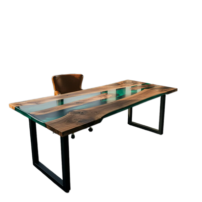 Handcrafted walnut wood office desk with green epoxy resin accents and black metal legs, modern design in a bright workspace.