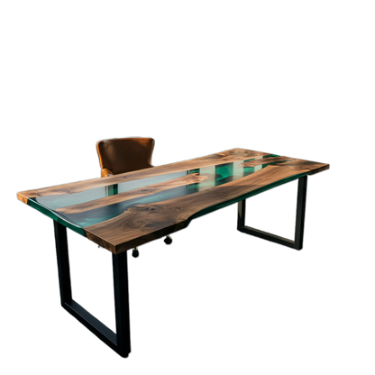 Epoxy river office desk with walnut wood and green resin, custom handmade in the USA. Modern design with black metal legs and ergonomic chair.