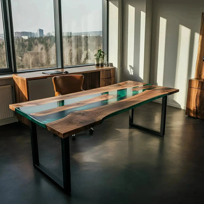 Handcrafted walnut wood office desk with green epoxy resin accents and black metal legs, modern design in a bright workspace.