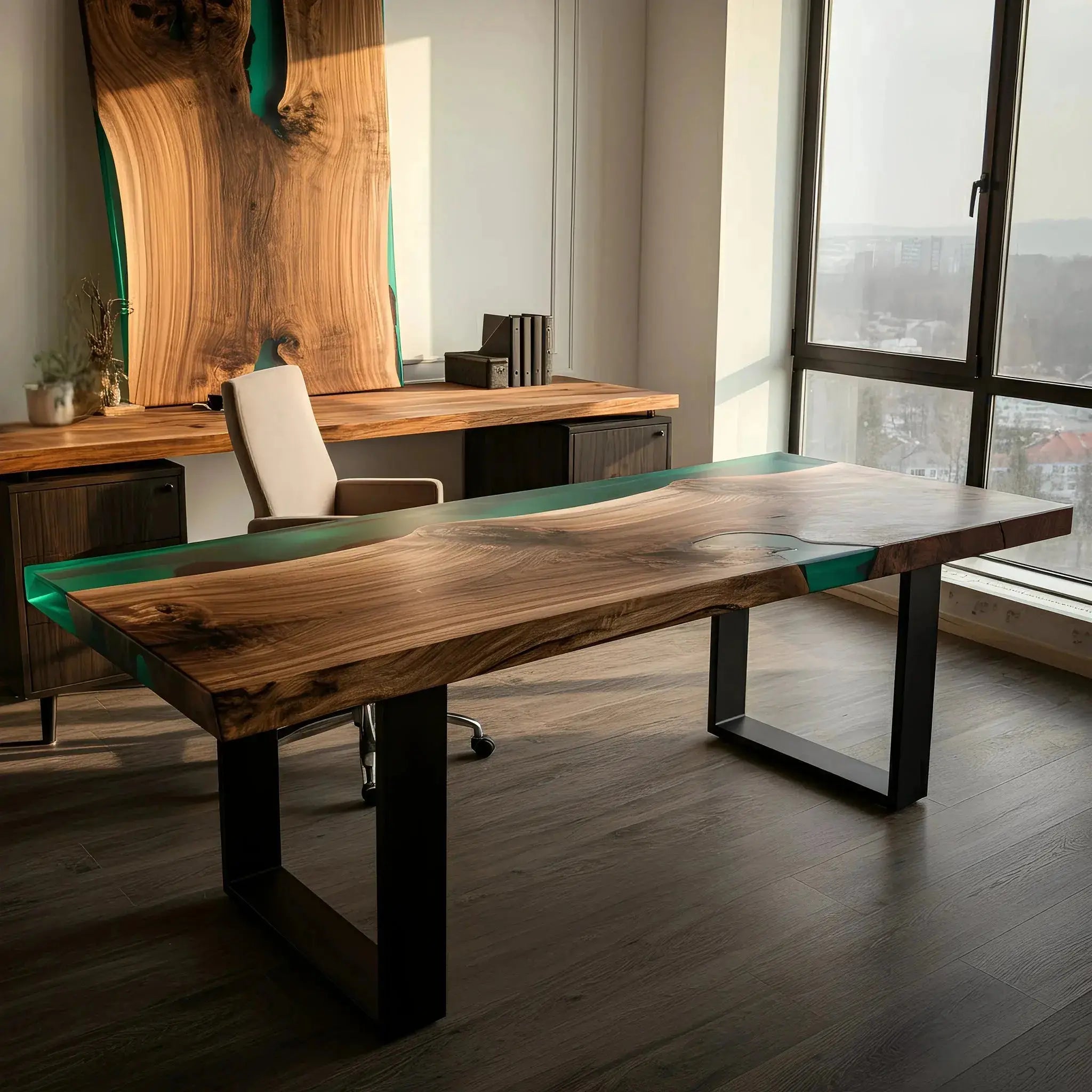 Epoxy river office desk featuring walnut wood and green resin in a bright office. Paired with matching wood decor and panoramic city view.