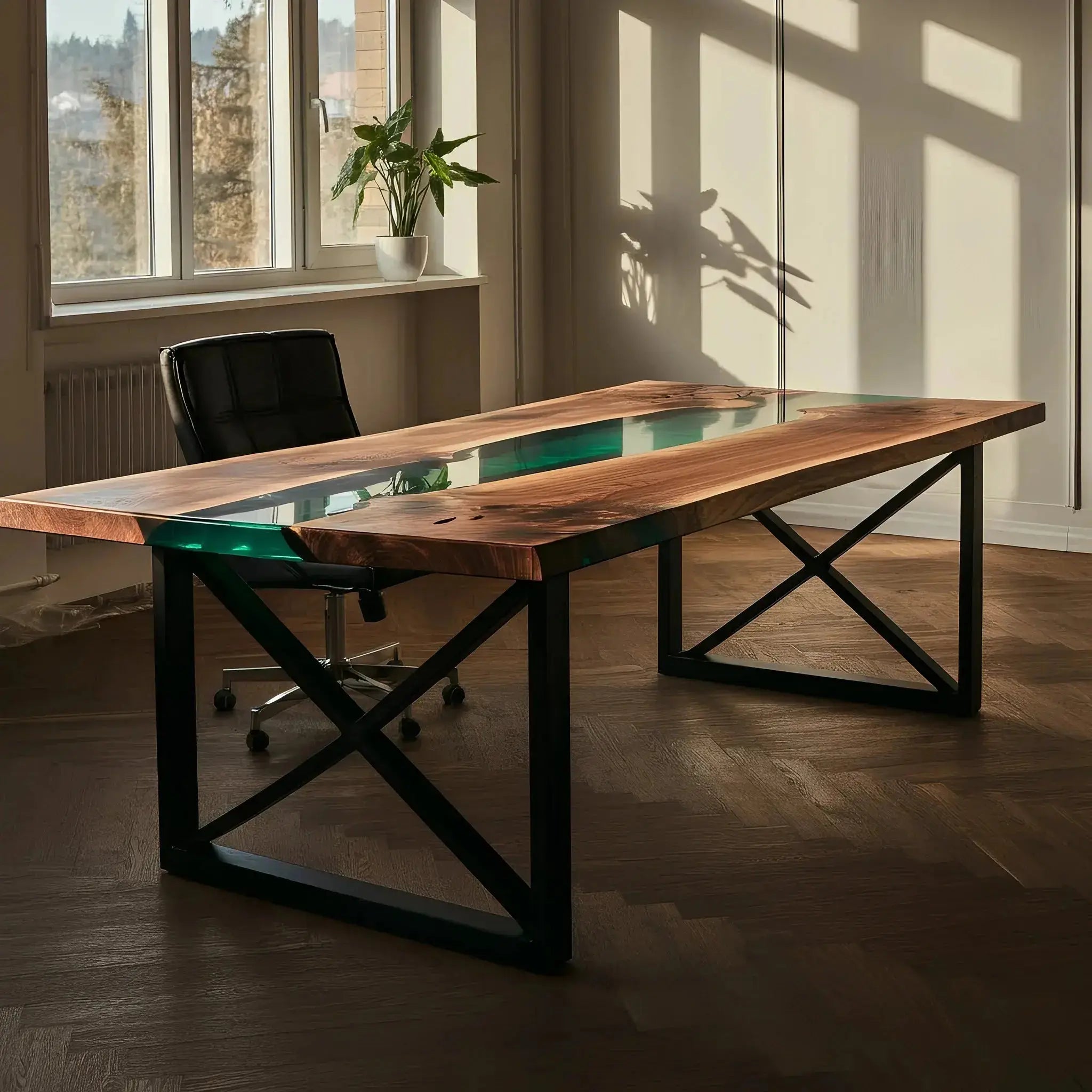 Handcrafted walnut and green resin epoxy river desk in a sunlit office. Black X-frame legs add industrial style to the custom USA-made furniture.