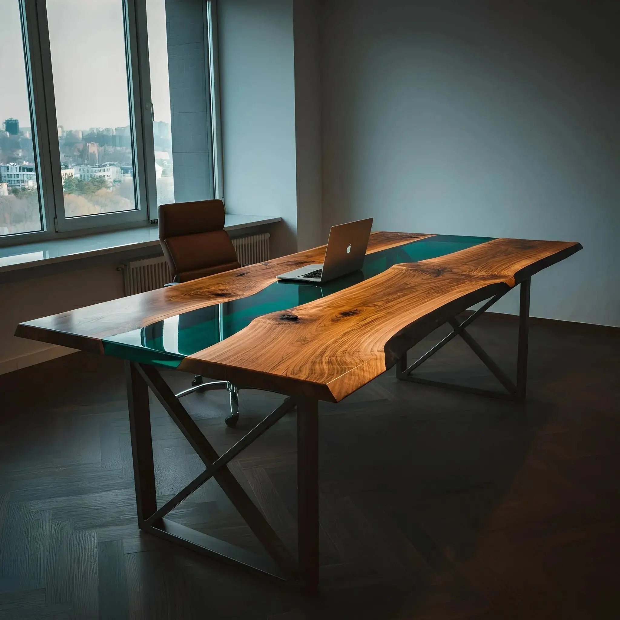 Modern epoxy river office desk with walnut and green resin top in a minimalist office. Custom handmade in the USA with cross-leg metal base.