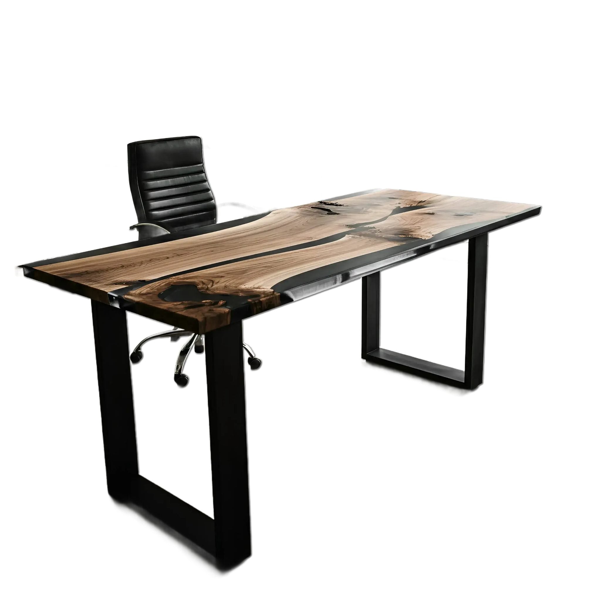 Handmade epoxy river office desk with walnut wood and black resin, custom made in the USA, modern design for home office